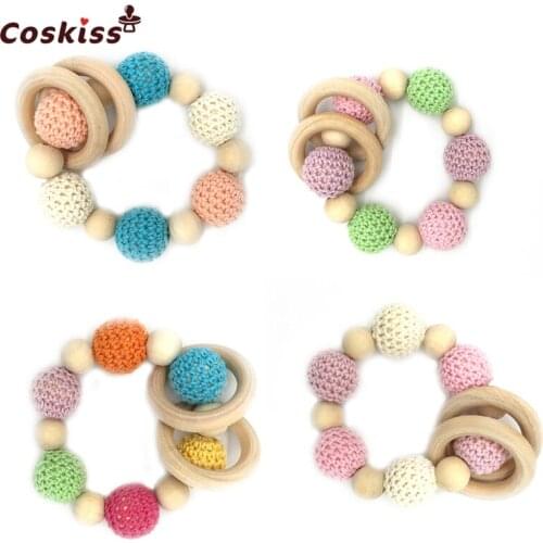 Baby Teether Handmade Nursing Wooden Crochet Beads Teething Knitted Bead With Wooden Beads Baby Mom Kids Wooden Teether Bangle