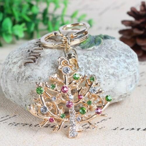 Double Christmas Trees Crystal Rhinestone Charm Pendant Purse Bag Car Key Ring Chain Creative Wedding Party Fashion Gift