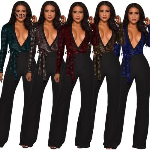 Deep V Neck Lace Up Splicing Long Sleeve Straight Rompers Slim Bodysuit Women Elegant Lady Casual Jumpsuit Overalls Trousers