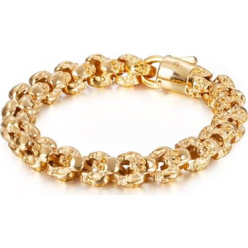 Hiphop Rocker Men Gold Black Skull Bracelet Jewelry Man Punk Vintage Shiny Matte Stainless Steel Biker Skeleton Bracelets Bangle