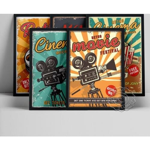 Retro Film Festival Collection Exhibition Poster, Projector Popcorn Art Prints, Movie Theater Cinema Wall Picture Home Decor