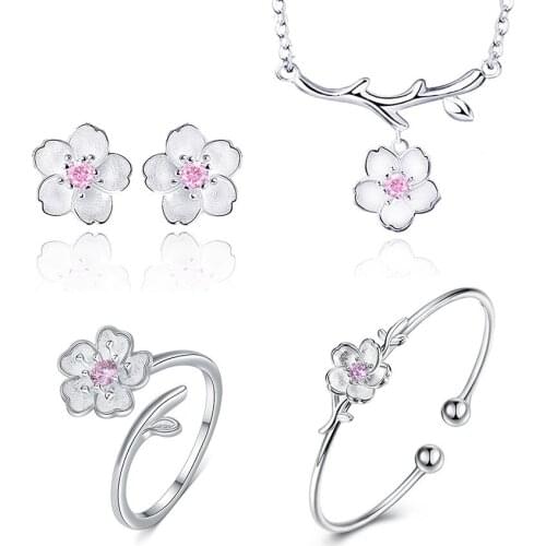 Fashion Jewelry Sets Cherry Blossoms Pendant Necklace Bracelet Ring Flower Stud Earrings Bangle For Women Girl Gift