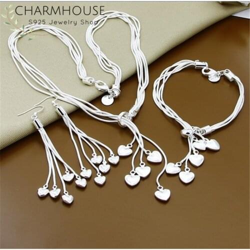 Charmhouse Silver 925 Jewelry Sets For Women Heart Long Tassel Earrings Necklace Bracelet 3pcs Costume Jewelry Accessories Gifts