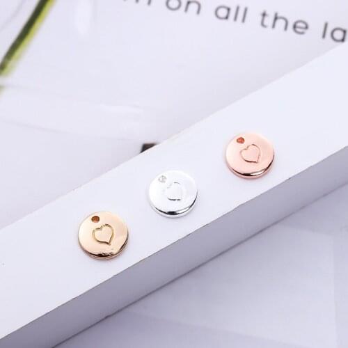10MM Rose Gold Silver Engraving Heart Round Pendant Metal Charms For Women Jewelry Making Accessories 50PCS