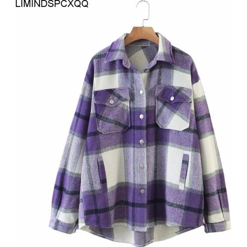 Autumn Women Fashion Purple Pockets Plaid Shirt Jackets Vintage Lapel Coats Female Chic Outerwear 2021 Woolen Clothing Vetement