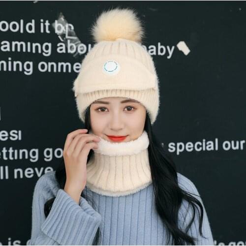 Fashion Womens Warm Hat three-piece Suit With Breathing Valve Dust Mask Bib With Hat Easy To Breathe Warm And Cold Knitted Hat