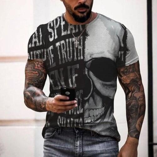 Mens T-shirt with 3D printed skull and zombie pattern, personalized trendy streetwear, oversized summer breathable top
