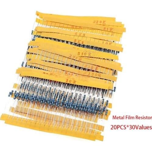 600pcs/lot 30Values* 20pcs 1% 1/4W resistor pack set diy Metal Film Resistor kit use colored ring resistance (10 ohms ~ 1M ohm)