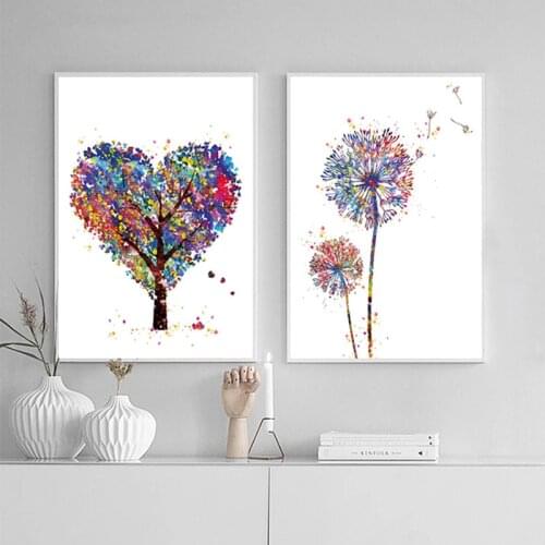 Nordic Watercolor Plant Trees Heart Flower Canvas Painting Poster Cuadros Wall Art Picture Home Decoration for Living Room Decor