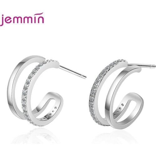 Genuine 925 Sterling Stud Earrings Clear Cubic Zirconia Simple Earrings Trendy Wedding Party Jewelry Gift