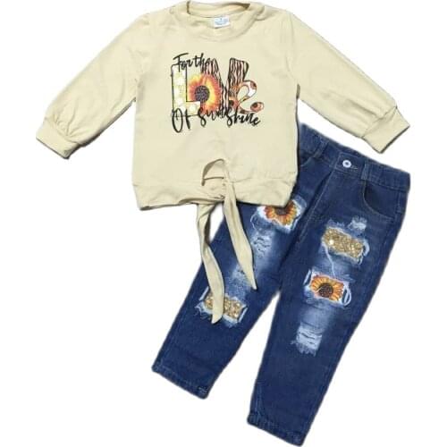 Girlymax Autumn Fall Baby Girls Tie Knot Top Leopard Love Of Sunshine Sunflower Denim Jeans Pants Set Kids Clothing