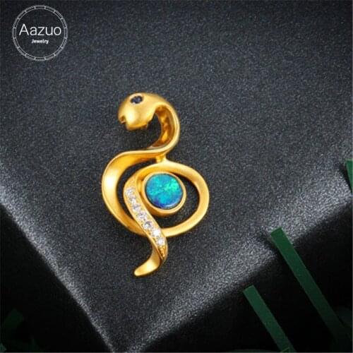 Aazuo 18K Yellow Gold Natural Blue Opal Sapphire Real Diamond Animal Snake Pendent With Chain Gifted for Women Valentines Day