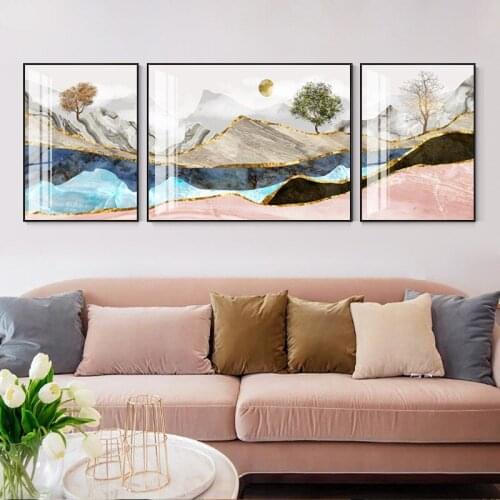 3pcs Modern Abstract Pink Green Golden Landscape Poster Wall Art Paintings for Bedroom Nordic Picture Print Room Decor Aesthetic