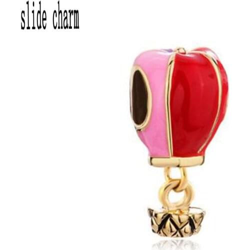 Slide charm Free shipping Unique personality fashion gift gilded enamel hot air balloon charm beads fit Pandora bracelet