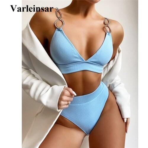 Bling Rhinestone Ribbed High Waist Bikini Female Swimsuit Women Swimwear Two-pieces Bikini set Bather Bathing Suit Swim V3180