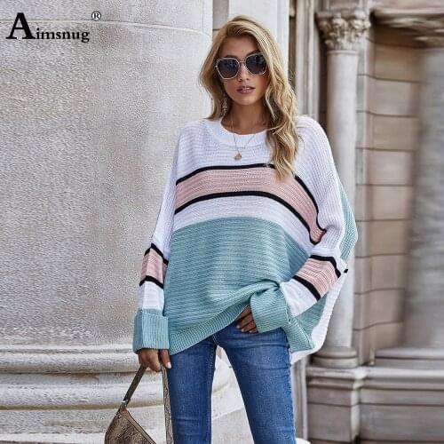 Aimsnug Batwing Sleeve Sweater Femme Patchwork Stripes Jumper Pullovers Knitted Sweaters Fashion Tops Loose Womens Clothing 2020