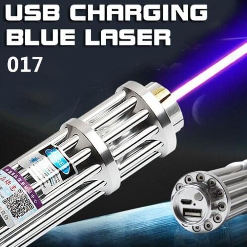 USB rechargeable powerful blue laser pointer 450nm, adjustable focus blue laser flashlight radiates 10000m burning laser