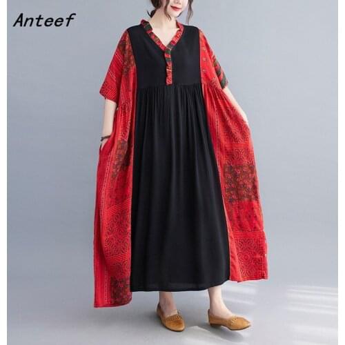 Short sleeve cotton vintage floral dresses for women casual loose long woman summer dress elegant clothes 2021