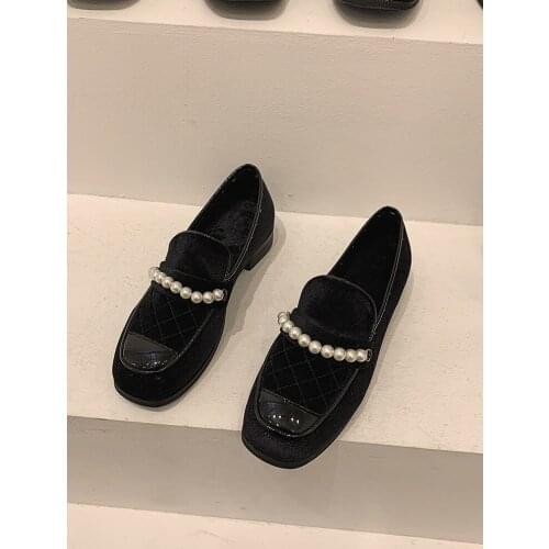 Shoes womens new spring 2021 British leather shoes soft leather pearl stitching low heels