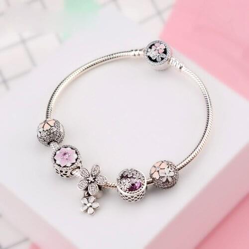 100% 925 Sterling Silver Pan Bracelet Set For Europe Women Spring Flowers birthday Gift DIY Original Charm Jewelry