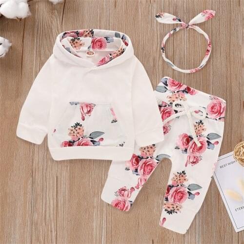 3pcs Newborn Baby Girls Winter Clothes Floral Print Hooded Pullover+Pants Sets Baby Outfits Tracksuit Girl Clothing 3 6 9 12 18M