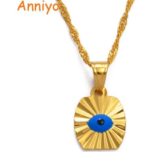 Anniyo Small Mini Blue Eye Gold Color Evil of Eye Pendant Necklaces Chain Kids Girls Arab Jewelry for Middle East Women #071402