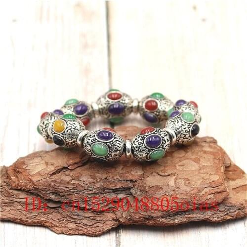 Tibet Silver Beads Mosaic Jade Bangle Bracelet Charm Jewellery Fashion Accessories Hand-Carved Amulet Gifts for Women Her Men