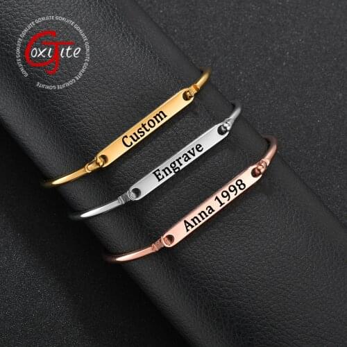 Goxijite Custom Engrave Name Bangle Bracelet For Girl Personalized Letter Shape Date Open Cuff Bangles Jewelry Gift