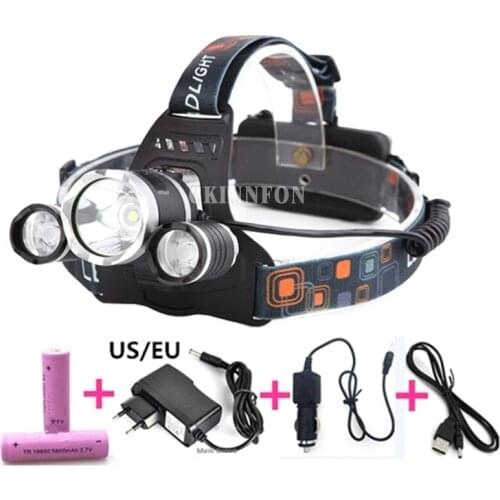 DHL 50Set 3 LED XM-L2 8000Lm T6 Headlamp Headlight+2x18650 Battery+US/EU Charger+Car Charger
