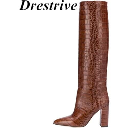 Drestrive Customized Pu Leather Women Knee High Boots Thick Heels Snake Print Spring Pointed Toe Slip On Big Size 48 Black