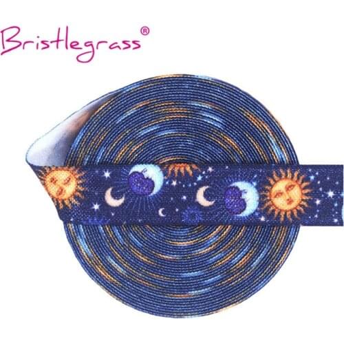 BRISTLEGRASS 2 5 Yard 5/8" 15mm Sun Moon Print FOE Fold Over Elastic Spandex Satin Band Tape Hair Tie Headband Dress Sewing Trim