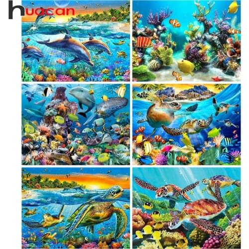 Huacan 5d Diy Diamond Painting Dolphin Tortoise Rhinestone Pictures Embroidery Ocean Animal Mosaic Fish Home Decor
