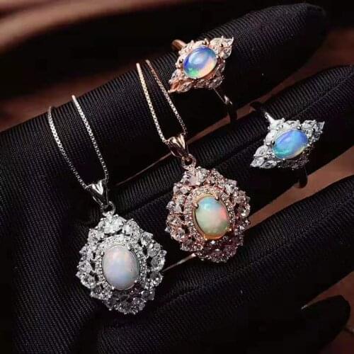 Natural Opal S925 Ring Pendant Necklace Set Fine Fashion Small Fresh Jewelry Parties for Women Free Shipping MeibaPJFS