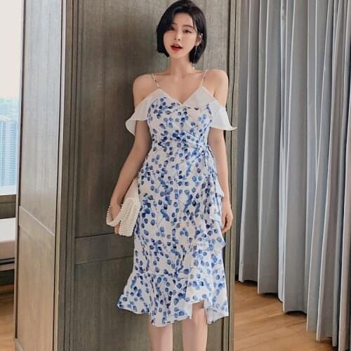 2021 Summer Floral Suspender Dress Fresh Sweet V Ruffle Irregular Sexy V-neck Print Dress