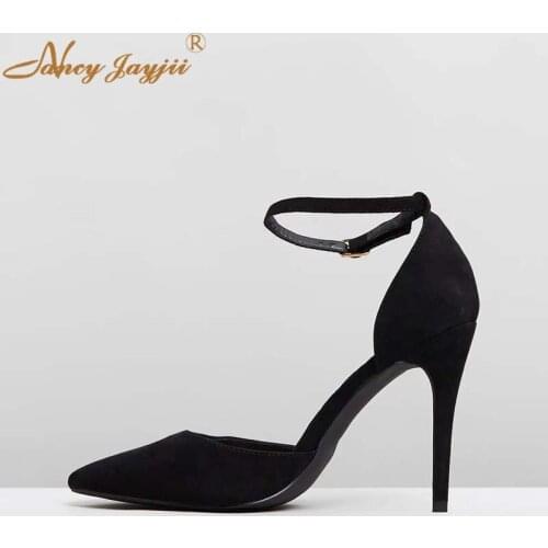 Summer Black Ankle Strap Pointed Toe High Stilettos Sandals Woman Thin Heels Pumps Buckle Large Size 11 13 For Ladies Shoes 2019
