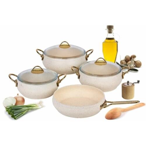Cookware Set 4 piece Granite Stew Pot White Gold Handle Made in Turkey