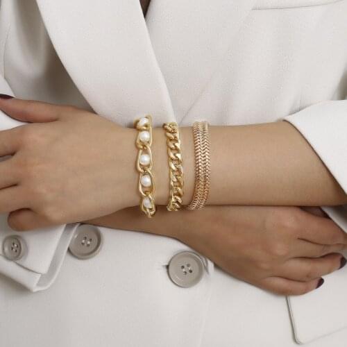 Bohemian Metal Imitation Pearl Punk Bracelets Elegant Cuff Bangle For Women Gold Color Chunky Chain Bracelet Set Vintage Jewelry
