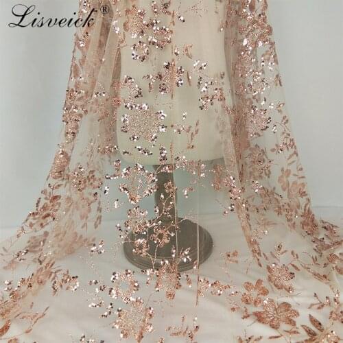 New 1yard gold silk embroidery flower tulle mesh lace sequin embroidery fabric For wedding evening dress clothing accessories
