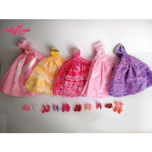 Adollya Dolls Clothes 5pcs Skirt+10 Pairs Shoes Doll Accessories Princess Skirt Mini Evening Dress New Toys For Girls Bjd Dolls