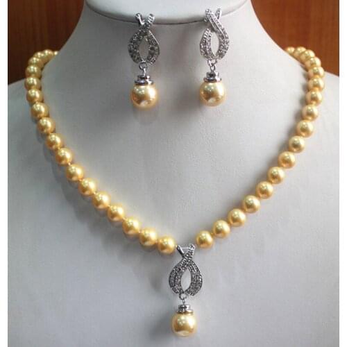 Wholesale good wedding jewelry set 8mm pure yellow shell pearl necklace match 14mm pink pearl earrings jewelry set for gift 5.31