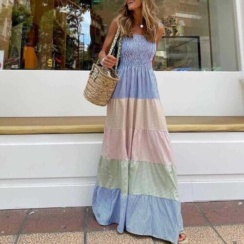 Maxi Dress Sleeveless Summer Pleated Beach Long Dress Women Elegant Stripe Printed Party Dress Sexy Off Shoulder Bow Sling Lady
