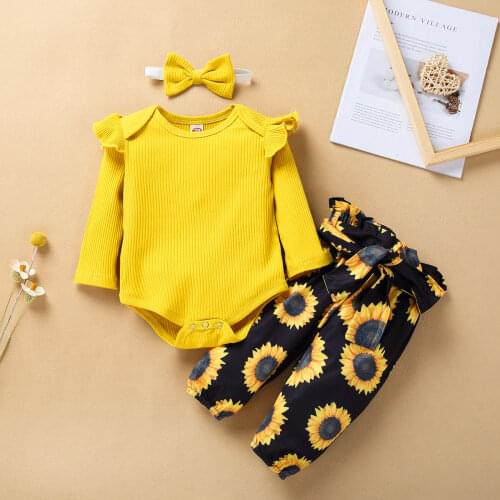 Pudcoco Newborn Baby Girl Clothes Solid Color Knitted Cotton Long Sleeve Romper Sunflower Print Long Pants Headband 3Pcs Outfits