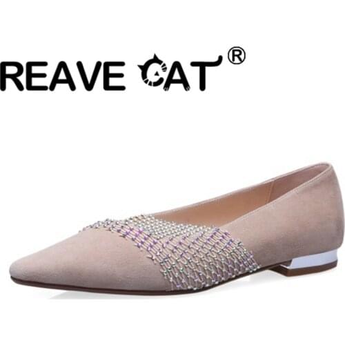 REAVE CAT 2021 Kid Sueder Pumps Rhinestone Pointed Toe Lofers Flat Mesh Slip On Shallow 2cm Chunky Heel US12 Apricot Black A4257