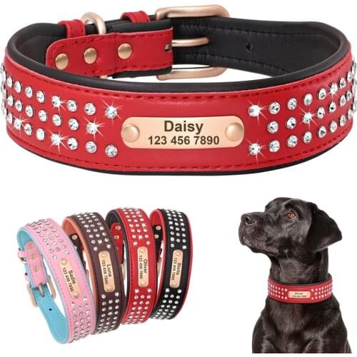 Rhinestone Custom Dog Collar Personalized Leather Dog Collar Adjustable Engraved Nameplate Pet Collars For Medium Large Dogs