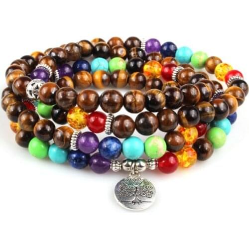 Tiger eye 108 beads 8mm elastic adjustable Lotus life tree Buddha OM eye Chakra Reiki agate Onyx Bracelet necklace uhr3