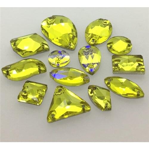 TopStone Citrine Glass Crystal Sew On Stone Drop Round Rectangle Square Lemon Yellow Glass Rhinestones For Clothing bags
