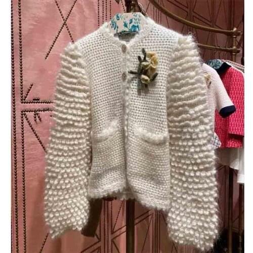Spring Women Cardigan 21 Vintage Mohair Coat Flower Brooch Handmade Crochet Single-breasted Lace Trim Knitted Sweater