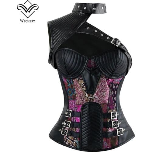 Wechery Steampunk Corset and Bustier Cosplay Costume Sexy Lingerie Malevolent Maelstrom PU Leather Overbust Corset Set