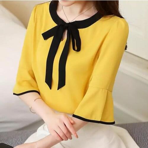 Women Simple Spring Summer Style Chiffon Blouses Shirts Lady Casual Half Flare Sleeve Bow Tie Decor Blusas DD1611