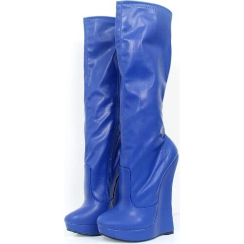 Extreme High Heel 18cm Wedge heel 3cm Platform Pointed Toe Women PU Leather Side Zipper Sexy Fetish Knee-High Boots Women